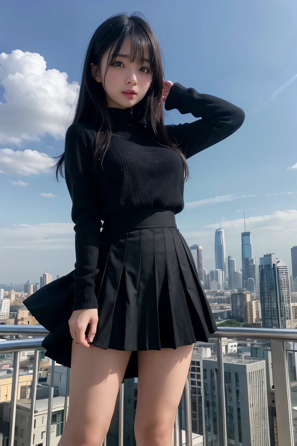 an araffe asian girl standing next to a city, 1girl , solo, skirt, blue eyes, long hair, black hair, giantess, black skirt, open mouth, sky, giant, cloud, long sleeves, day, pleated skirt, full body, blue sky, city, breasts