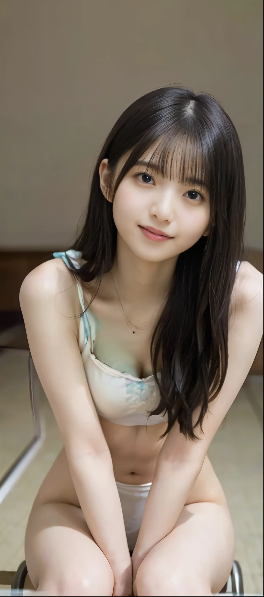 ((Perfect description:1.3)、(Complete Hand:1.3)、(Face it head on)、Realistic、RAW Photos、Tabletop、highest quality、High resolution、Delicate and beautiful、A perfect smile、Beautiful details、Fair skin、Real Humans、((Thin legs))、(Black Hair):1.2), 8k, Fully nude 11 year old girl, 85mm,公式AR RAW Photos, Super slim slender beautiful girl、Lower body nude、Expose the lower body、Sit with your legs wide apart、Show your crotch