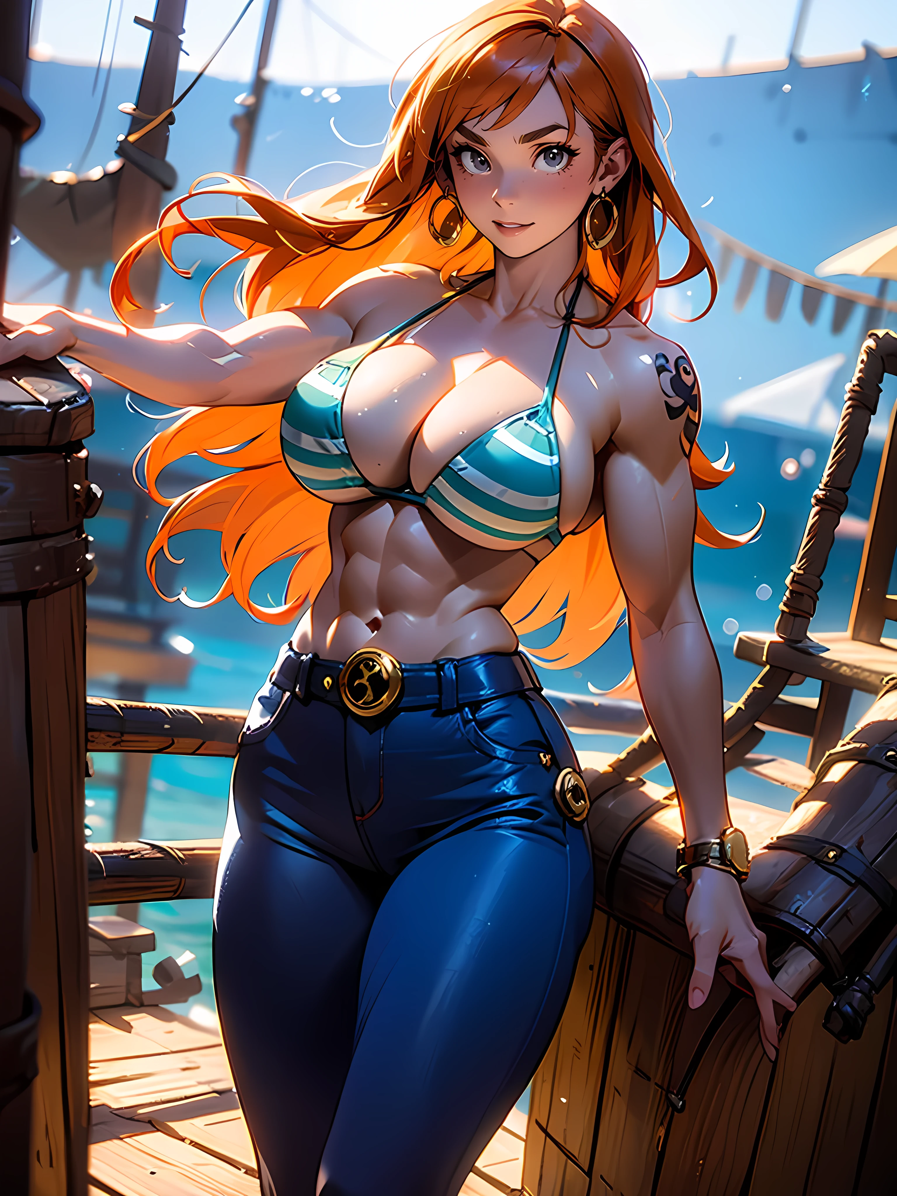 best quality, ultra high res, raw photo, dramatic lighting, unreal engine, diffuse glow, outdoor, realistic, detailed, realistic, photorealistic, high contrast, 8k HD, detailed, hyper-detailed, , extremely beautiful (nami, one piece), subtle makeup, golden hour, realistic skin texture, ((((massive female bodybuilder)))), ((((huge breasts)))), (wide hips), orange long hair, micro bikini top only, blue pants, one piece, pirate ship, treasure chest, gold, gold coins, gold bars. realistic skin texture, realistic skin tone