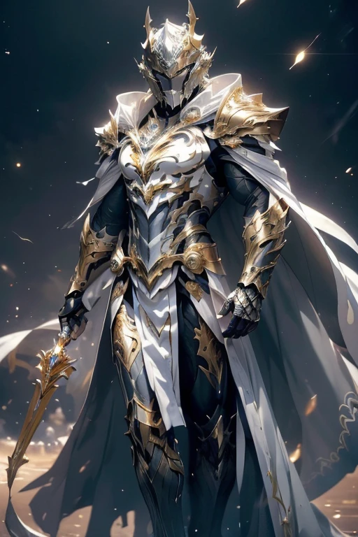 (master piece:1.5), (best quality:1.5), (exquisite lighting and shadow, highly dramatic picture, cinematic lens effect) (Photorealistic picture) highly detailed, realistic, cinematic lighting, studio quality, 8k, wallpaper, dynamic pose, anatomy correct, epic fantasy digital art, Epic composition, full body short black hair pale Male paladin wearing a white leather armor, shiny white intricate elaborated plate chest with gold lightnings accents small shoulder white armor with gold lightnings ornaments, white plate gauntlets with gold lightnings ornaments, no helmet, long white cape with gold lightnings ornaments, white lightning, white storm background, lightnings