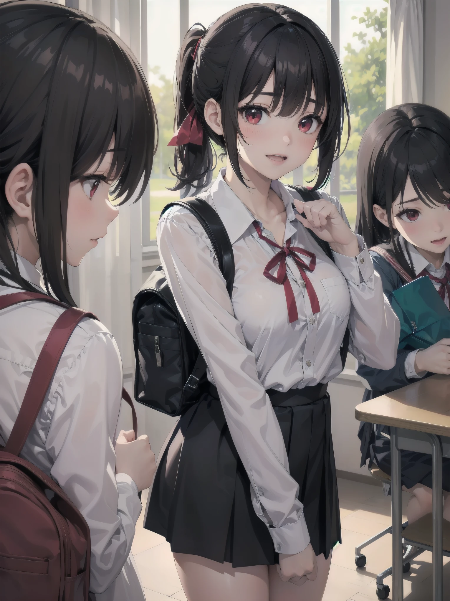 Masterpiece, top quality, ultra-detailed, 16K, one girl, spring, high school students, warm colours, school bags, accurate and highly detailed background, flock of schoolgirls in uniforms of various body shapes and hairstyles, cute. Blake. Red eyes, Black hair, Ribbons, Red ribbons, Hair ribbons, Pastiched bangs, Folded ponytail, Shuchiin Academy, Dress, Sideburns, Breasts, Black dress, Clavicle, Short hair, Long sleeves, Realistic and super detailed pussy jerking off, blushing and excited embarrassing pose.