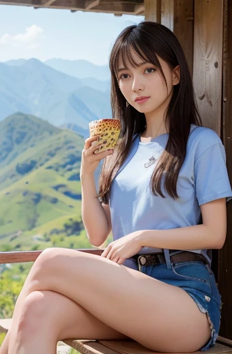 a lot of details, (slender waist), 30 years old, detailed black hair, beautiful detailed hair, super fucking beautiful, complex details beautiful and delicate eyes, perfect hands, (small breasts best quality), perfect and delicate limbs, detailed skin, best quality, ultra-detailed,
long-focus, looking away, depthoffield, sitting, topknot, happy, (short sleeves:1.1), (denim short shorts:1.1), shoes, (Leopard print cloth:1.1), (Scene of sitting and eating lunch:1.3), on the mountain, blue sky and shining lights, with a grassland