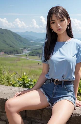 a lot of details, (slender waist), 30 years old, detailed black hair, beautiful detailed hair, super fucking beautiful, complex details beautiful and delicate eyes, perfect hands, (small breasts best quality), perfect and delicate limbs, detailed skin, best quality, ultra-detailed,
long-focus, looking away, depthoffield, sitting, topknot, happy, (short sleeves:1.1), (denim short shorts:1.1), shoes, (Leopard print cloth:1.1), (Scene of sitting and eating lunch:1.3), on the mountain, blue sky and shining lights, with a grassland