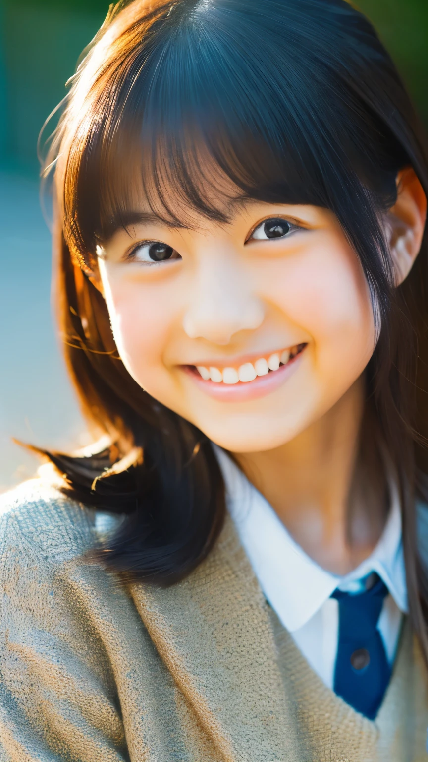 lens: 135mm f1.8, (highest quality),(RAW Photos), (Tabletop:1.1), (Beautiful Japanese Girl), Cute face, (Deeply chiseled face:0.7), (freckles:0.4), dappled sunlight, Dramatic lighting, (Japanese School Uniform), (On campus), shy, (Close-up shot:1.2), (smile),, (Sparkling eyes)、(sunlight)