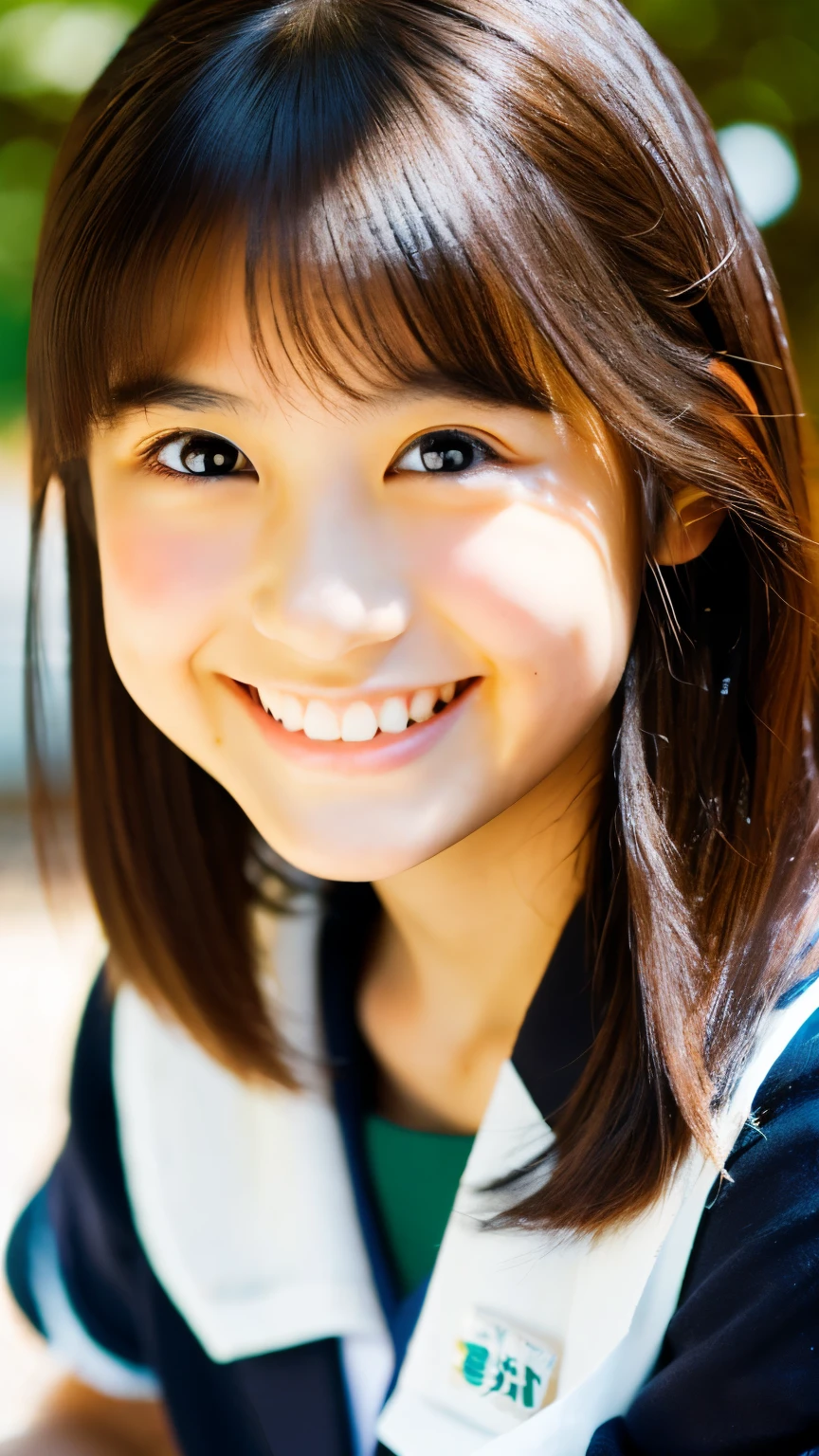 lens: 135mm f1.8, (highest quality),(RAW Photos), (Tabletop:1.1), (Beautiful Japanese Girl), Cute face, (Deeply chiseled face:0.7), (freckles:0.4), dappled sunlight, Dramatic lighting, (Japanese School Uniform), (On campus), shy, (Close-up shot:1.2), (smile),, (Sparkling eyes)、(sunlight)