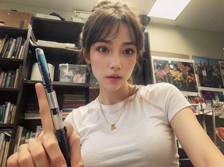 (best quality,4k,8k,highres,masterpiece:1.2),ultra-detailed,(realistic,photorealistic,photo-realistic:1.37),white woman, hair tied up, thin nose, brown eyes, thin, tall, big eyes, pink mouth, white t-shirt, finger raised, soft shiny skin, hair tied up,illustration, garden background, bright sunlight, vibrant colors, elegant pose, serene atmosphere,lush green plants, blooming flowers, golden sunlight filtering through the trees,butterflies dancing in the air,subtle shadows and highlights, stunning visual composition