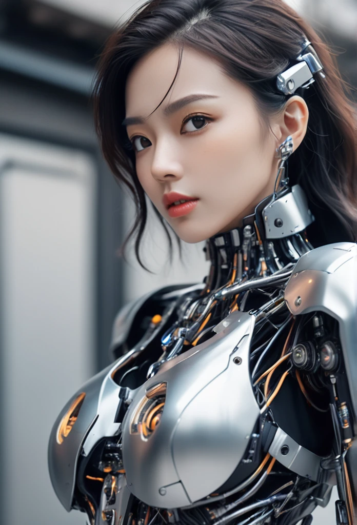 Realistic picture 8k,Masterpiece,Highest quality,Maximum details,anatomy,hips up,
Cyber beautiful girl robot cyberMachinery ,«Little metallic  Science Fiction Beauty Test 