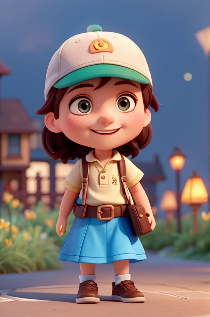 Excited delivery man, skirt, Sitting confidently on the sidewalk, Wearing a hat. Hold the storybook tightly in your right hand, A happy expression on the left. The environment is illuminated by the subtle light of the lamp., Create deep shadows that contrast with the character'Colorful appearance. Ultra-high 8k visual quality captures every detail of the hat, Free Belt