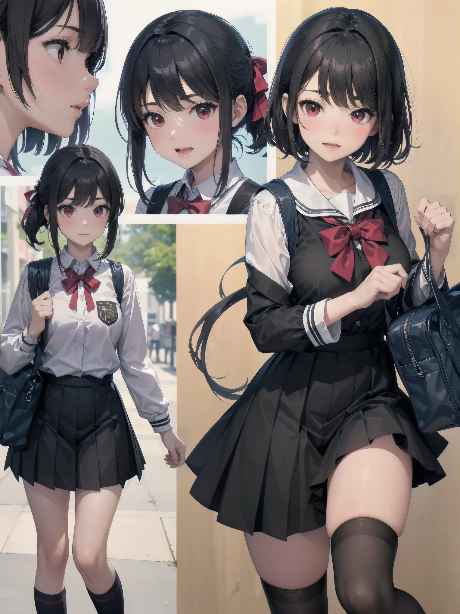 Masterpiece, top quality, ultra-detailed, 16K, one girl, spring, high school students, warm colours, school bags, accurate and highly detailed background, flock of schoolgirls in uniforms of various body shapes and hairstyles, cute. Blake. Red eyes, Black hair, Ribbons, Red ribbons, Hair ribbons, Pastiched bangs, Folded ponytail, Shuchiin Academy, Dress, Sideburns, Breasts, Black dress, Clavicle, Short hair, Long sleeves, Realistic and super detailed pussy jerking off, blushing and excited embarrassing pose.