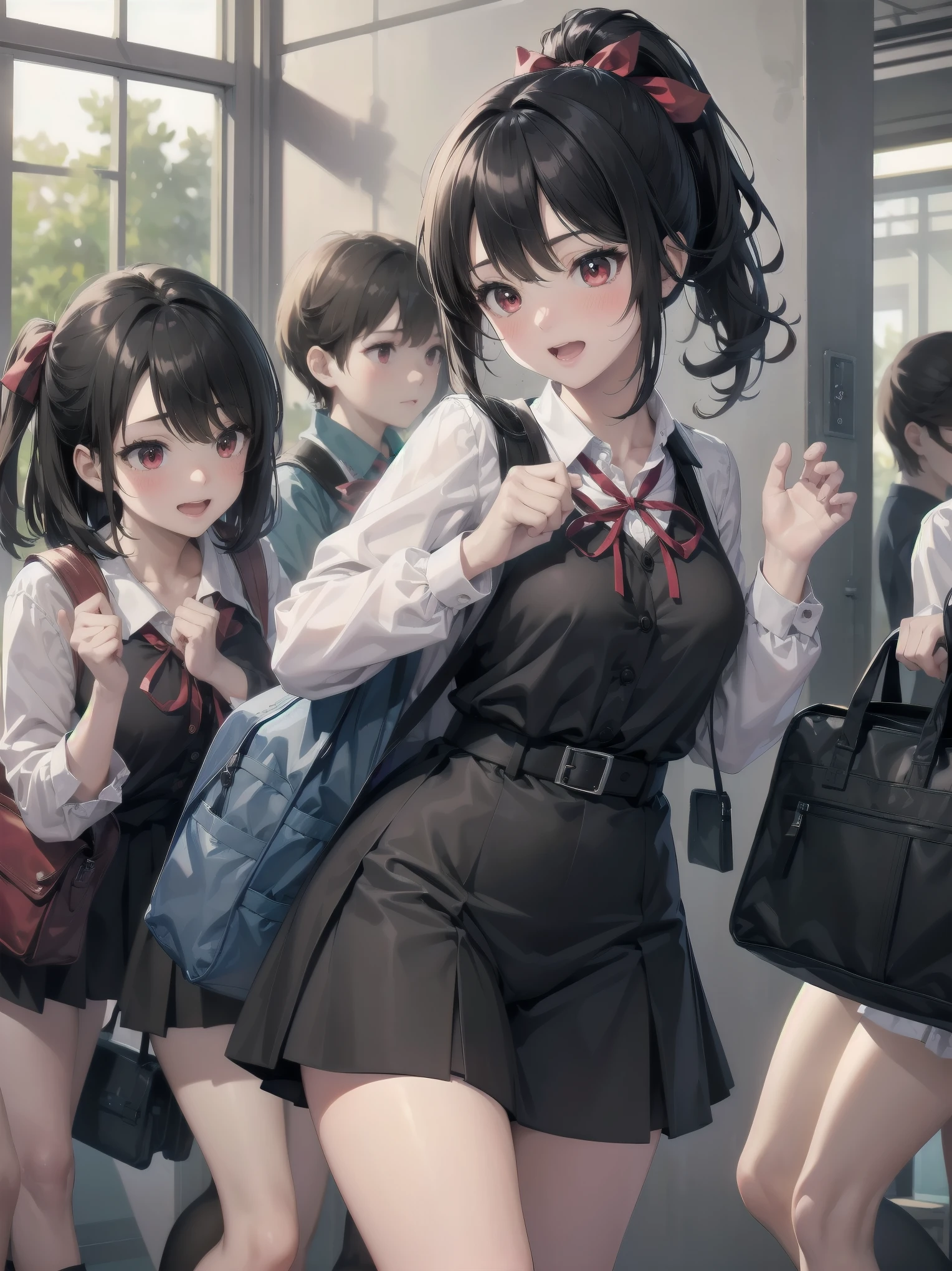 Masterpiece, top quality, ultra-detailed, 16K, one girl, spring, high school students, warm colours, school bags, accurate and highly detailed background, flock of schoolgirls in uniforms of various body shapes and hairstyles, cute. Blake. Red eyes, Black hair, Ribbons, Red ribbons, Hair ribbons, Pastiched bangs, Folded ponytail, Shuchiin Academy, Dress, Sideburns, Breasts, Black dress, Clavicle, Short hair, Long sleeves, Realistic and super detailed pussy jerking off, blushing and excited embarrassing pose.