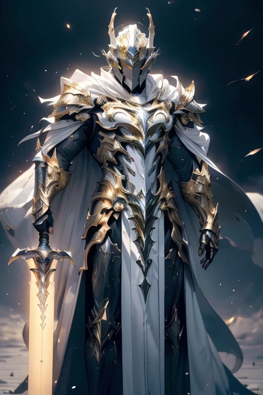 (master piece:1.5), (best quality:1.5), (exquisite lighting and shadow, highly dramatic picture, cinematic lens effect) (Photorealistic picture) highly detailed, realistic, cinematic lighting, studio quality, 8k, wallpaper, dynamic pose, anatomy correct, epic fantasy digital art, Epic composition, full body short black hair pale Male paladin wearing a white leather armor, shiny white intricate elaborated plate chest with gold lightnings accents small shoulder white armor with gold lightnings ornaments, white plate gauntlets with gold lightnings ornaments, no helmet, long white cape with gold lightnings ornaments, holding a great white lightning sword, white lightning, white storm background, lightnings
