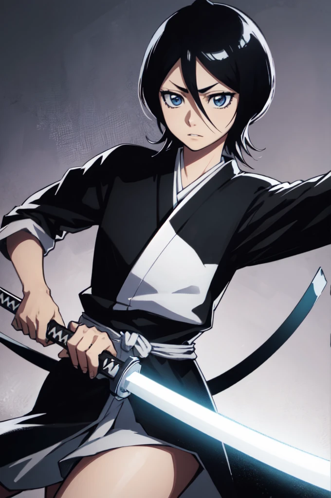 thick outlines, comics, photorealistic, 1girl, solo, ice, katana hanging on belt, cowboy shot, kuchiki_rukia, black kimono, japanese town, detailed background, detailed face, detailed eyes, 