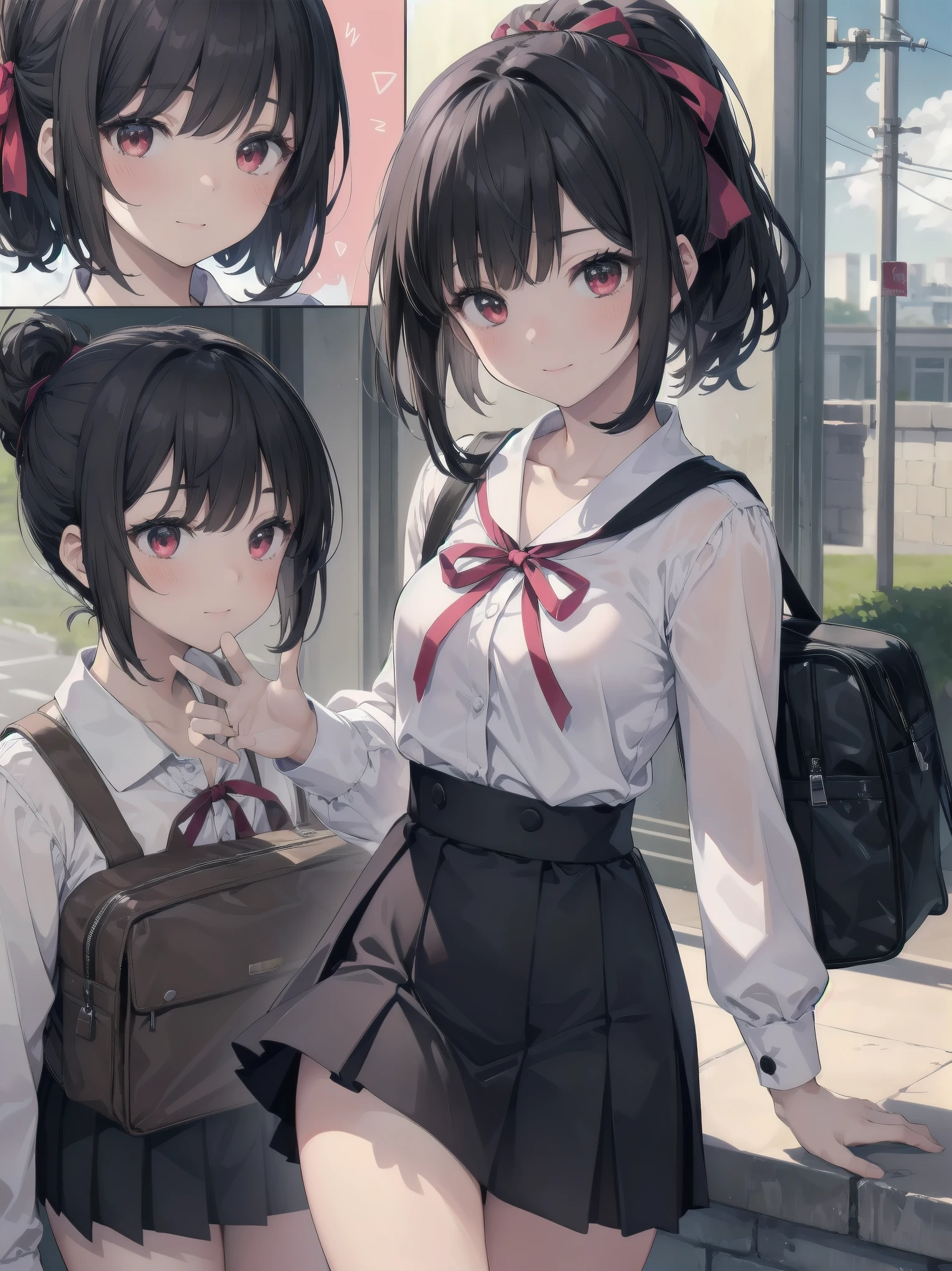 Masterpiece, top quality, ultra-detailed, 16K, one girl, spring, high school students, warm colours, school bags, accurate and highly detailed background, flock of schoolgirls in uniforms of various body shapes and hairstyles, cute. Blake. Red eyes, Black hair, Ribbons, Red ribbons, Hair ribbons, Pastiched bangs, Folded ponytail, Shuchiin Academy, Dress, Sideburns, Breasts, Black dress, Clavicle, Short hair, Long sleeves, Realistic and super detailed pussy jerking off, blushing and excited embarrassing pose.