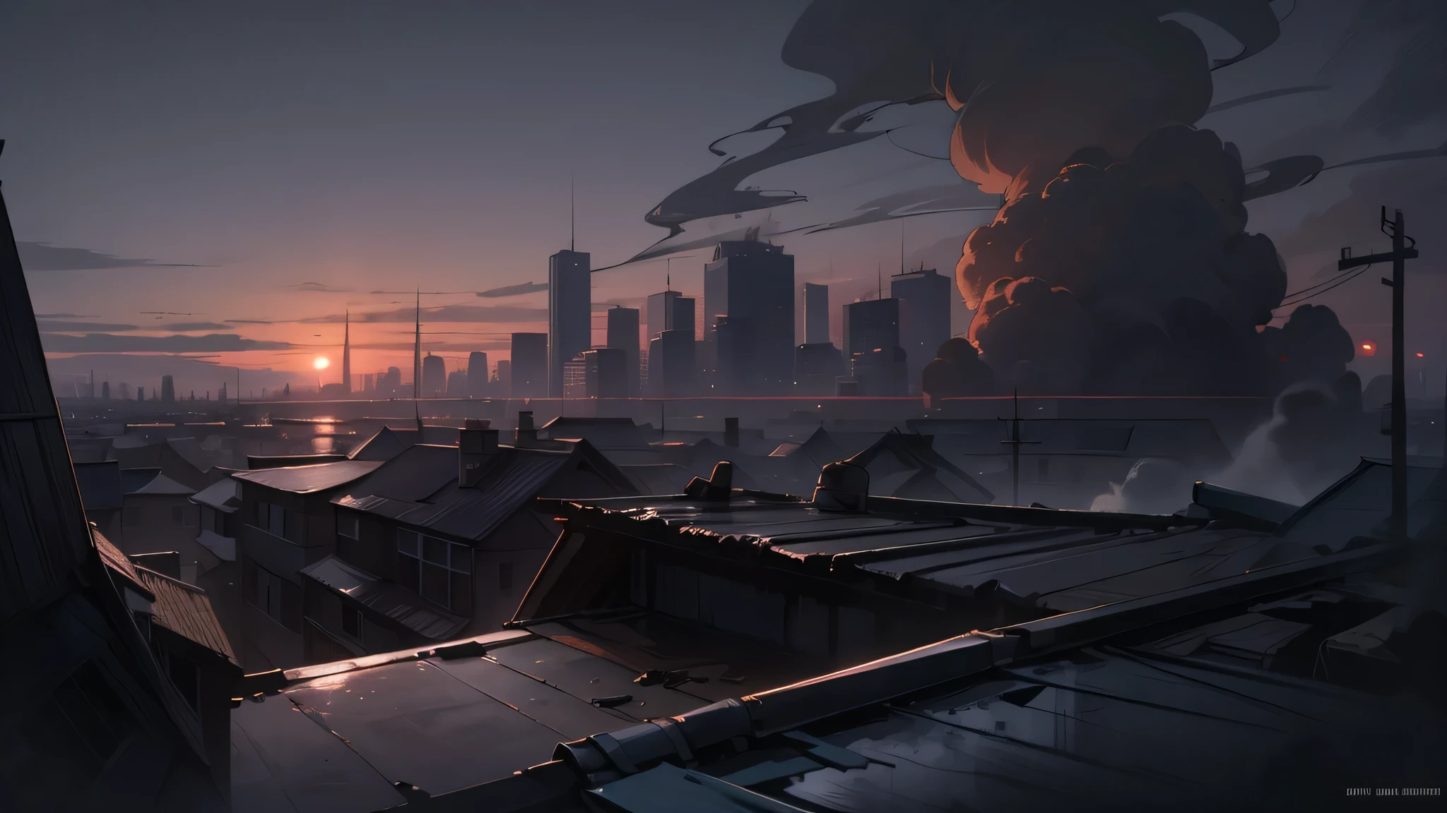 On the rooftop,Thick smoke billowed from the city in the distance,Sense of Destruction,dusk,end,