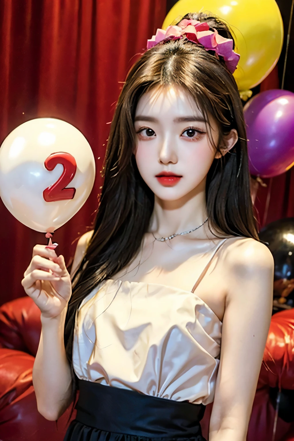 masterpiece、best quality、movie、(cute japanese girl、forehead:1.3)、23 years old、1 girl、elegant、black hair、(dinner:1.1)、Birthday Cake, party hat, number balloons, Colorful backgrounds,