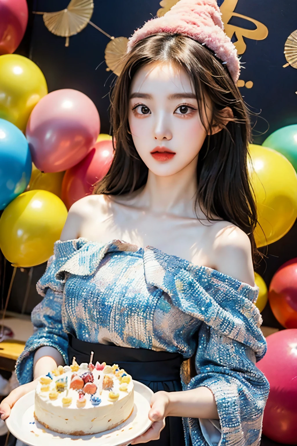 masterpiece、best quality、movie、(cute japanese girl、forehead:1.3)、23 years old、1 girl、elegant、black hair、(dinner:1.1)、Birthday Cake, party hat, number balloons, Colorful backgrounds,