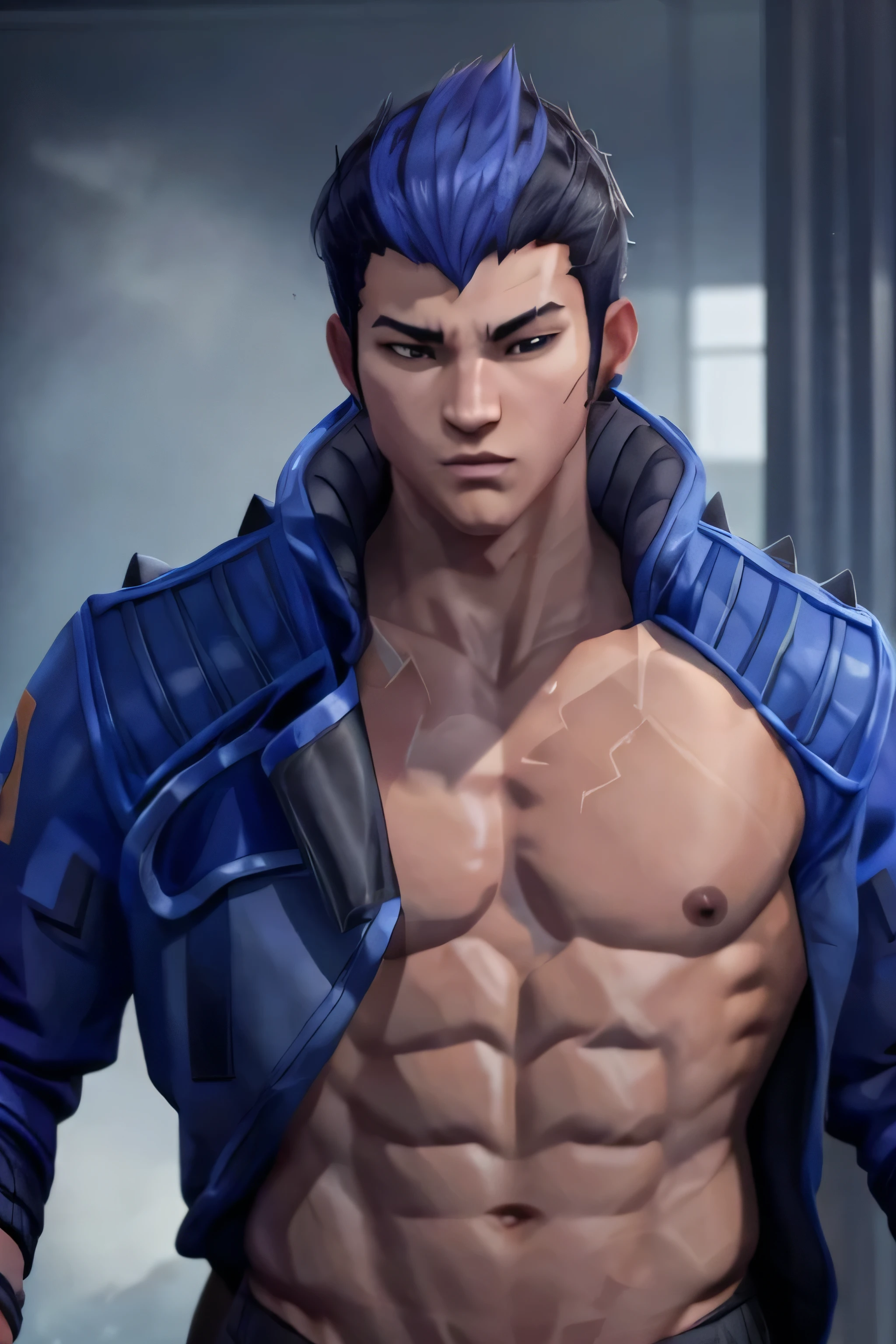 yoru valorant, shirtless, fully shirtless, jacket, both hands raised above head, armpit exposed, thick armpit hair,