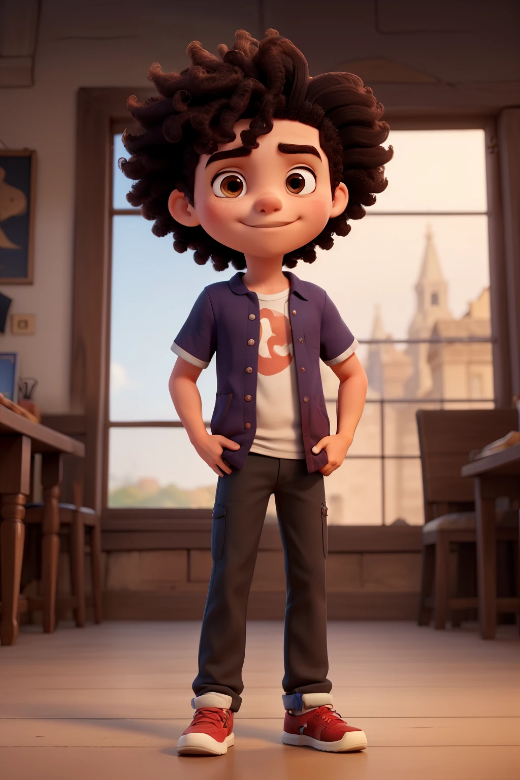 a boy of Latin appearance, dark hair, short afro (T pose) brazos extendidos pantalon corte t-shirt rojo, fondo blanco
