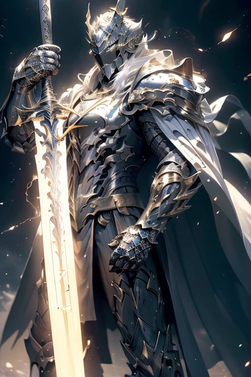 (master piece:1.5), (best quality:1.5), (exquisite lighting and shadow, highly dramatic picture, cinematic lens effect) (Photorealistic picture) highly detailed, realistic, cinematic lighting, studio quality, 8k, wallpaper, dynamic pose, anatomy correct, epic fantasy digital art, Epic composition, full body short black hair pale Male paladin wearing a white leather armor under a shiny white intricate elaborated plate chest armor with gold lightnings accents, no helmet, long white cape with gold lightnings ornaments, holding a great white lightning sword, white lightning, white storm background, lightnings
