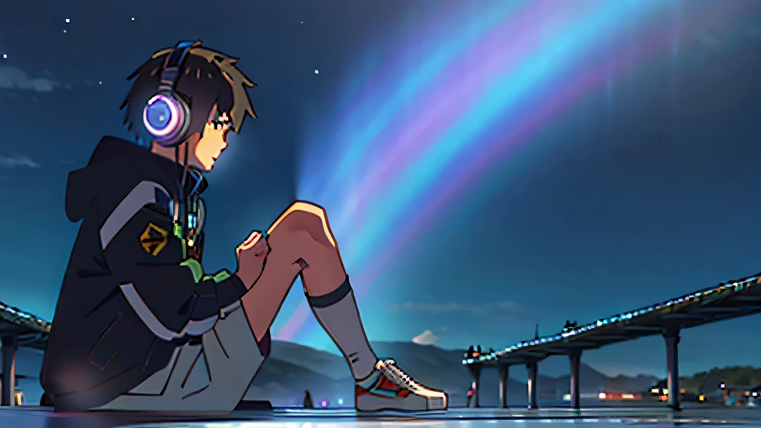 Gaze at the night sky、A young man wearing headphones、knee、wide angle、Rural town、Shinkai Makoto、Detailed description