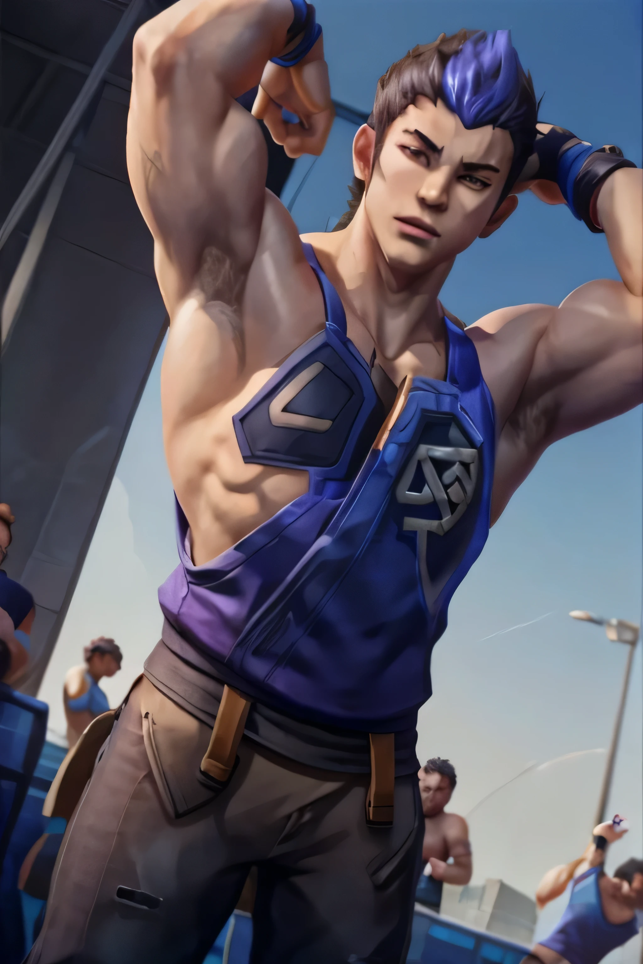 yoru valorant, tank top, both hands raised above head, armpit exposed, thick armpit hair,