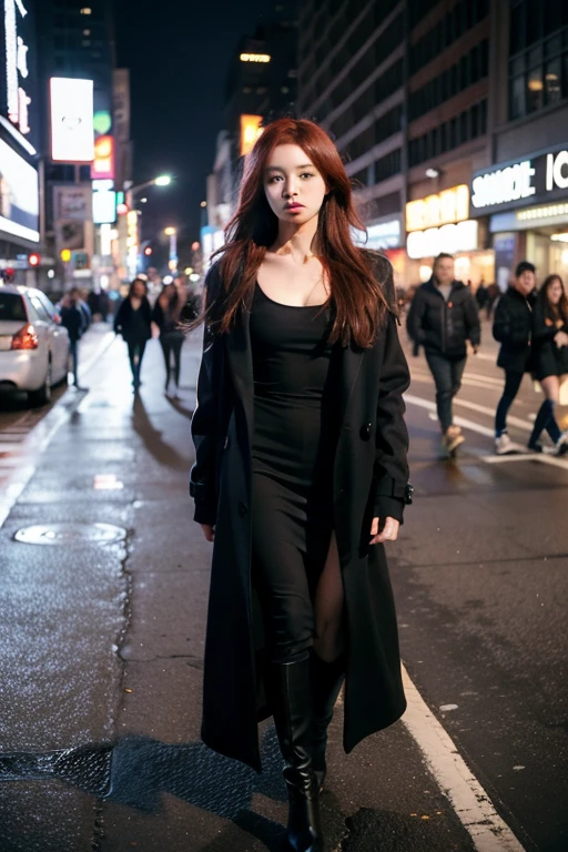 Girl, New York street background, long red hair