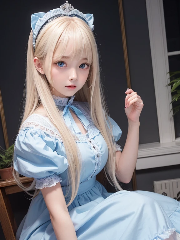 Bright expression、Photorealism、highest quality、超A high resolution、picture、Photo of a beautiful girl of Scandinavian origin、Extraordinarily beautiful girl、A cute and beautiful face down to the last detail、(Purelos Face_v1:0.008)、Beautiful Bangs、Alice in Wonderland、16 years old、Glowing White Skin、Facial hair、Bangs on the face、Bangs between the eyes、Super long hair、Attractive bright natural platinum blonde super long straight silky highlighter hair、High resolution eyes、Beautiful bright transparent light blue big eyes that are charming and shining、White apron、Blue Dress、eyeliner、double eyelid、Ample breasts、Going to bed、Sleep on your back、sprawl