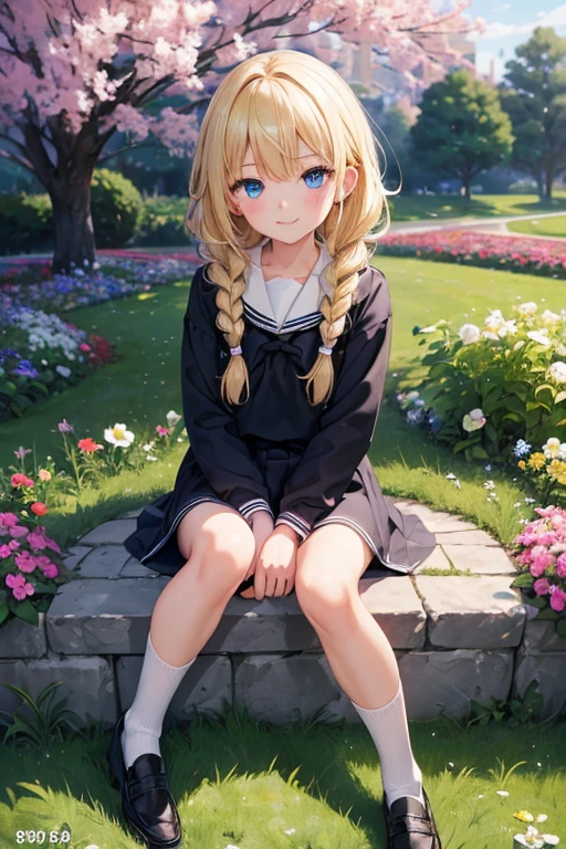 (8k, highest quality, Tabletop:1.2)、Ultra-high resolution、Ultra-detailed, 1 girl aged 13, Detailed face、smile, blue eyes, Blonde, Braid, White socks, Black Loafers, Black Sailor Suit, White panties, garden, flower bed, Sitting on the grass