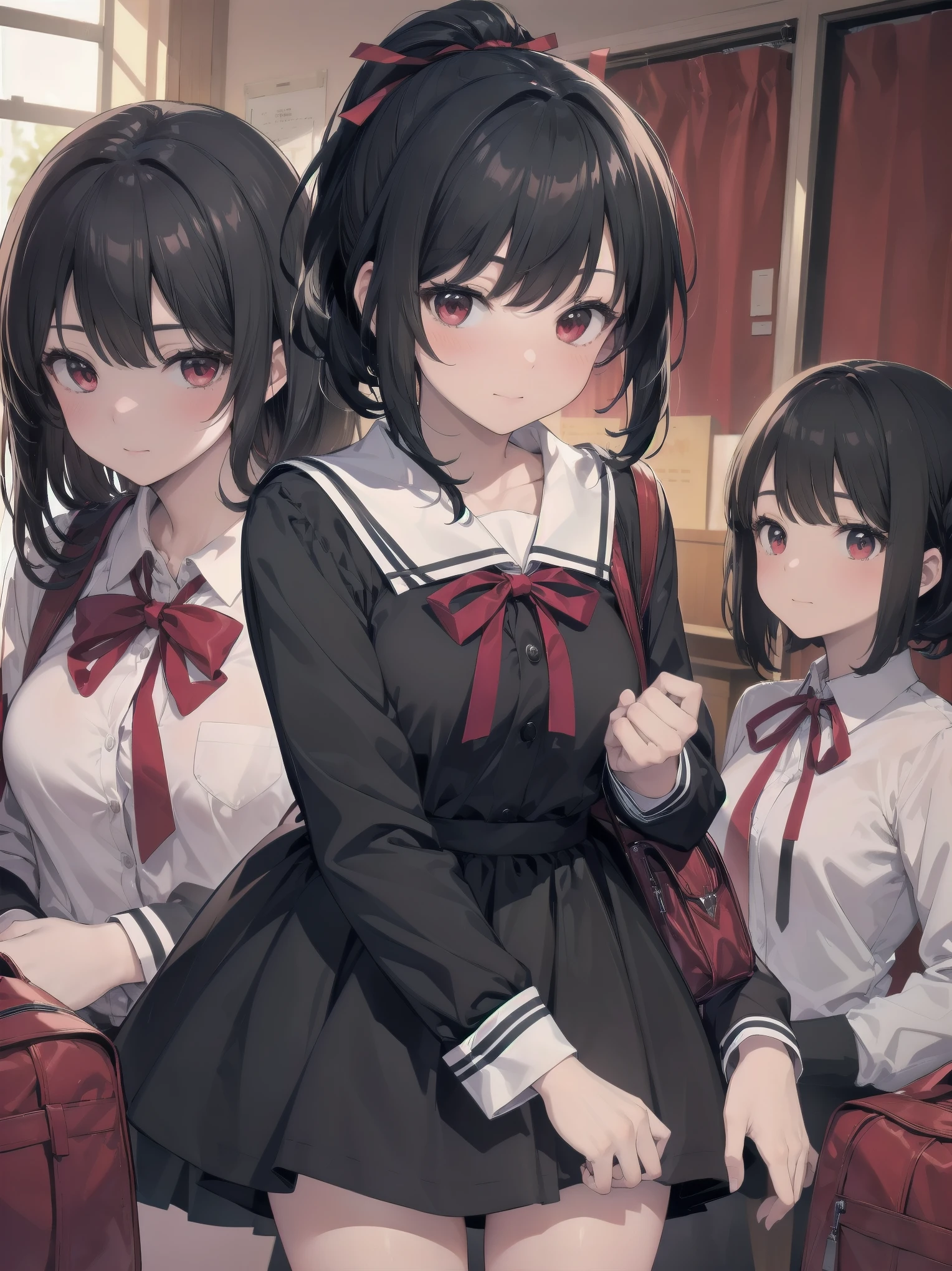 Masterpiece, top quality, ultra-detailed, 16K, one girl, spring, high school students, warm colours, school bags, accurate and highly detailed background, flock of schoolgirls in uniforms of various body shapes and hairstyles, cute. Blake. Red eyes, Black hair, Ribbons, Red ribbons, Hair ribbons, Pastiched bangs, Folded ponytail, Shuchiin Academy, Dress, Sideburns, Breasts, Black dress, Clavicle, Short hair, Long sleeves, Realistic and super detailed pussy jerking off, blushing and excited embarrassing pose.