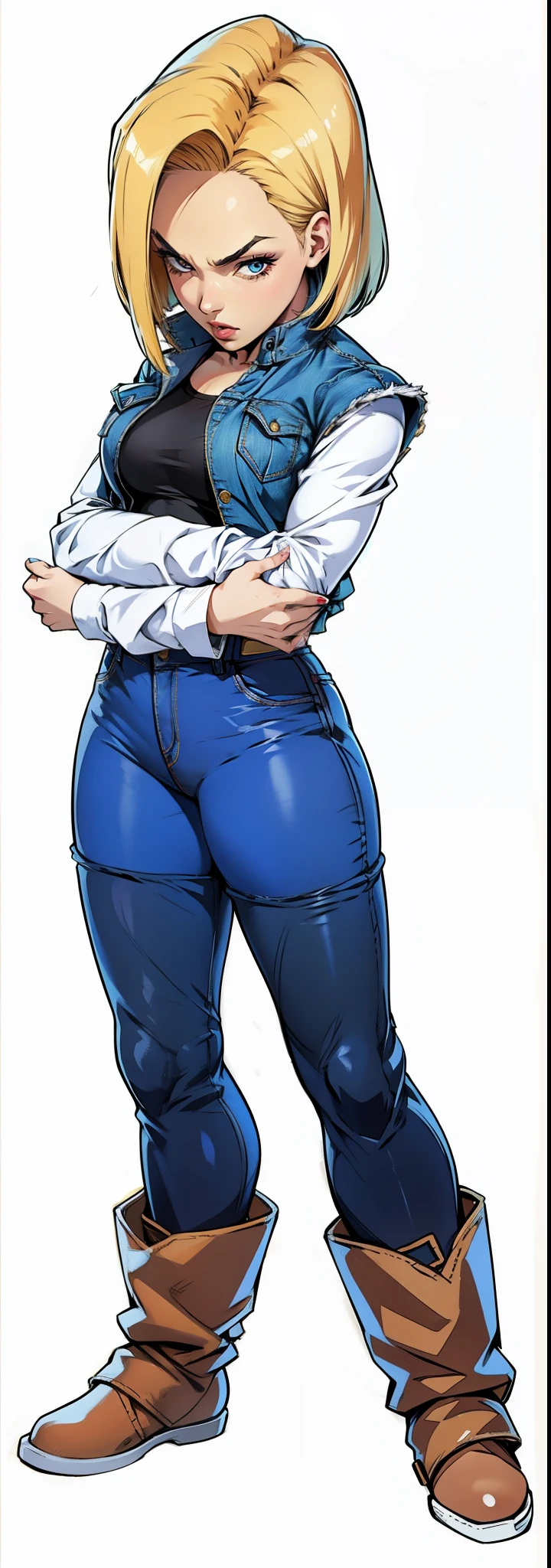 Android 18, personagem Feminina, extremamente realista, muito linda, Fitness, bunda grande, pernas grossas, 8K, Saia Azul Jeans