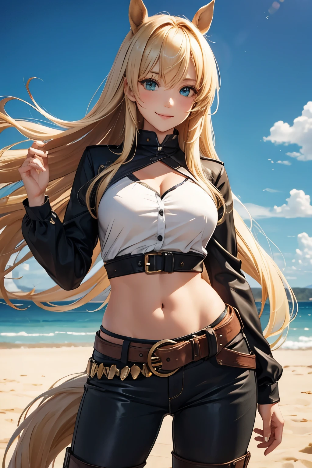 (horse:1.3), pants, cowboy shot, 1girl, blonde hair, long hair, green eyes, solo, ahoge,midriff, boots, smile, navel,belt, cleavage, BREAK, 