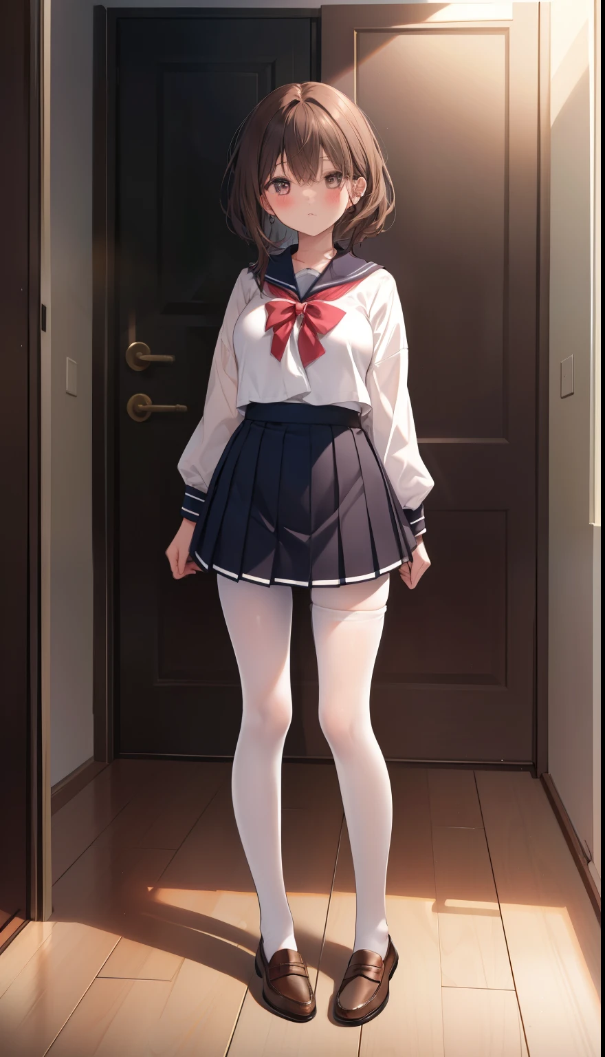 One Girl、Positive、Configuration from below、Full body portrait、Brown haired、Medium Haircut、blush、Absolute area、Knee socks、Knee-length、stockings、pantyhose、レースpantyhose、White underwear、No shoes、White pleated skirt、school uniform、Japanese high 、Summer clothes、Inside the house、Daytime、(Very big boobs)、((Full Body Lesbian))、masterpiece、(highest quality)、
Panties around the ankles、loafers