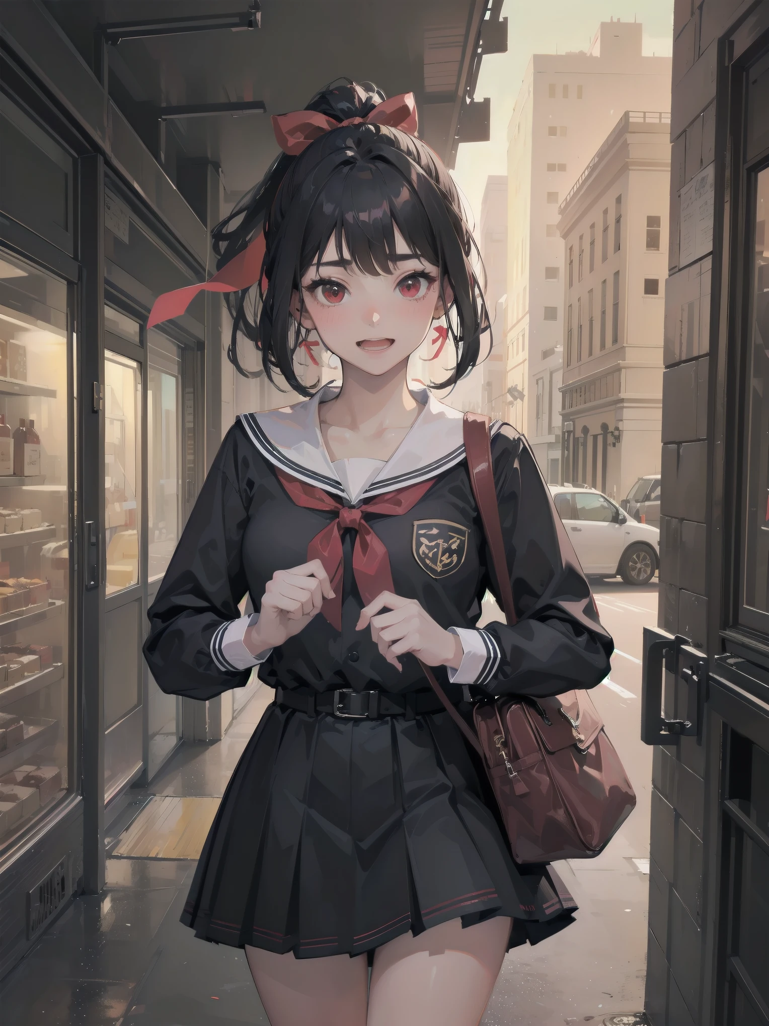 Masterpiece, top quality, ultra-detailed, 16K, one girl, spring, high school students, warm colours, school bags, accurate and highly detailed background, flock of schoolgirls in uniforms of various body shapes and hairstyles, cute. Blake. Red eyes, Black hair, Ribbons, Red ribbons, Hair ribbons, Pastiched bangs, Folded ponytail, Shuchiin Academy, Dress, Sideburns, Breasts, Black dress, Clavicle, Short hair, Long sleeves, Realistic and super detailed pussy jerking off, blushing and excited embarrassing pose.