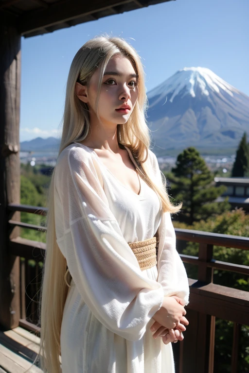 A girl, set in Mount Fuji, Japan, long white hair