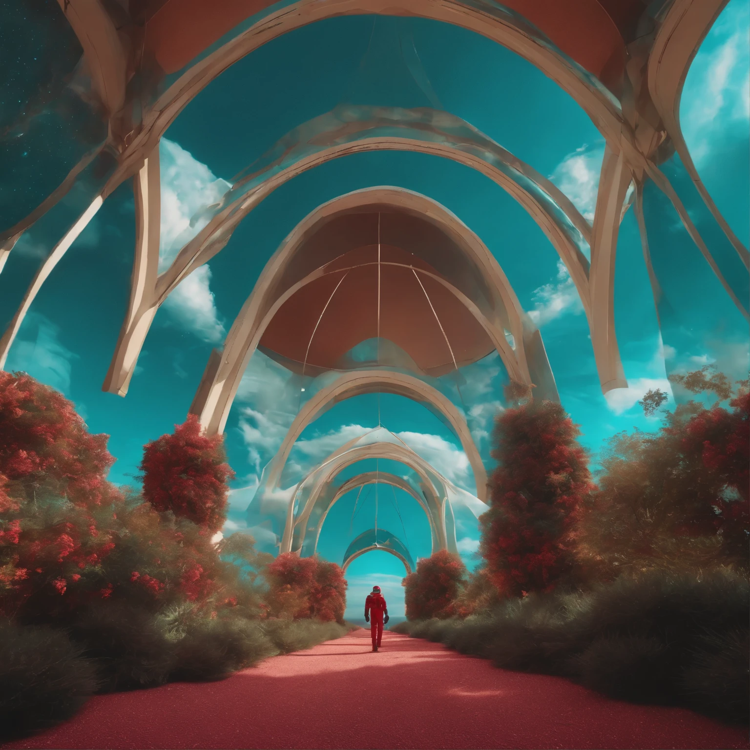 3D Anaglyph, Surreal Dreamscapes and in the style of WAre Kei, an astronaut exploring an alien world with intricate architecture, vibrant colors, surreal vegetation, psychedelic patterns, kaleidoscopic sky, 20 megapixels