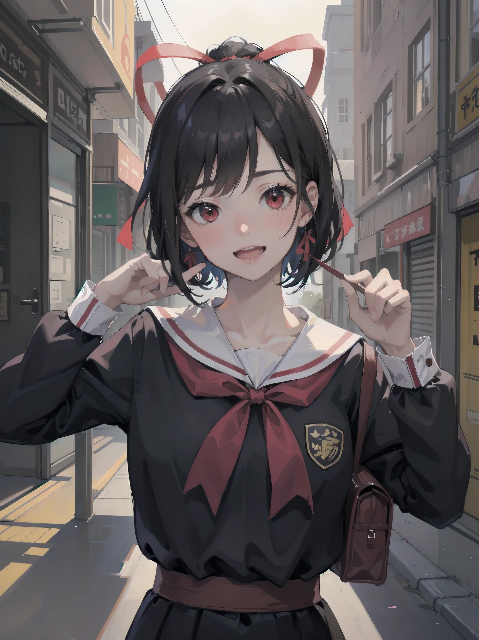Masterpiece, top quality, ultra-detailed, 16K, one girl, spring, high school students, warm colours, school bags, accurate and highly detailed background, flock of schoolgirls in uniforms of various body shapes and hairstyles, cute. Blake. Red eyes, Black hair, Ribbons, Red ribbons, Hair ribbons, Pastiched bangs, Folded ponytail, Shuchiin Academy, Dress, Sideburns, Breasts, Black dress, Clavicle, Short hair, Long sleeves, Realistic and super detailed pussy jerking off, blushing and excited embarrassing pose.