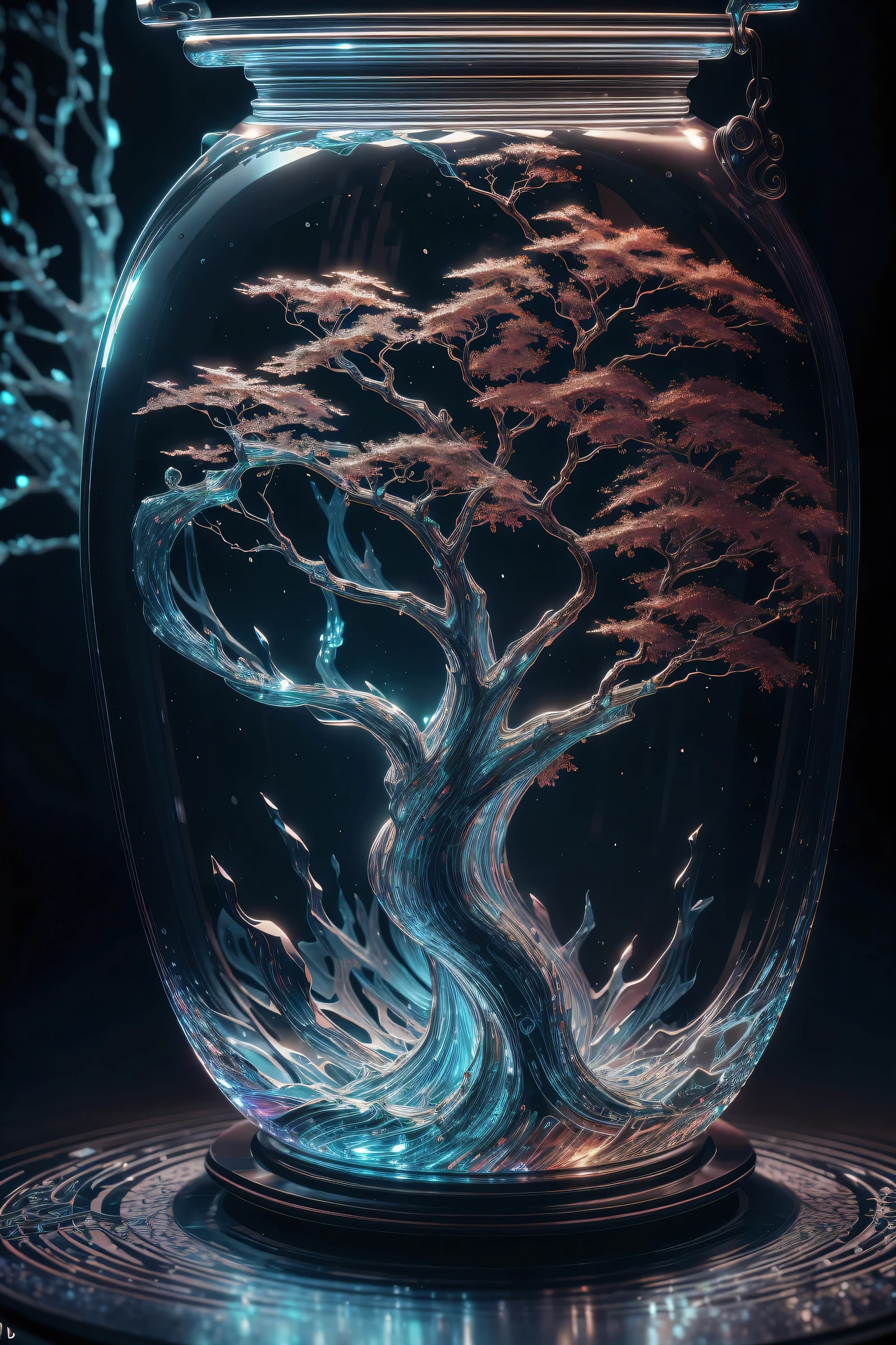 Ultra HD,The finest details, best quality,A glass sculpture masterpiece with a red maple tree inside, water, luminescent, fantasy, high quality, The finest details, best quality, ringing, 4K, 8k,