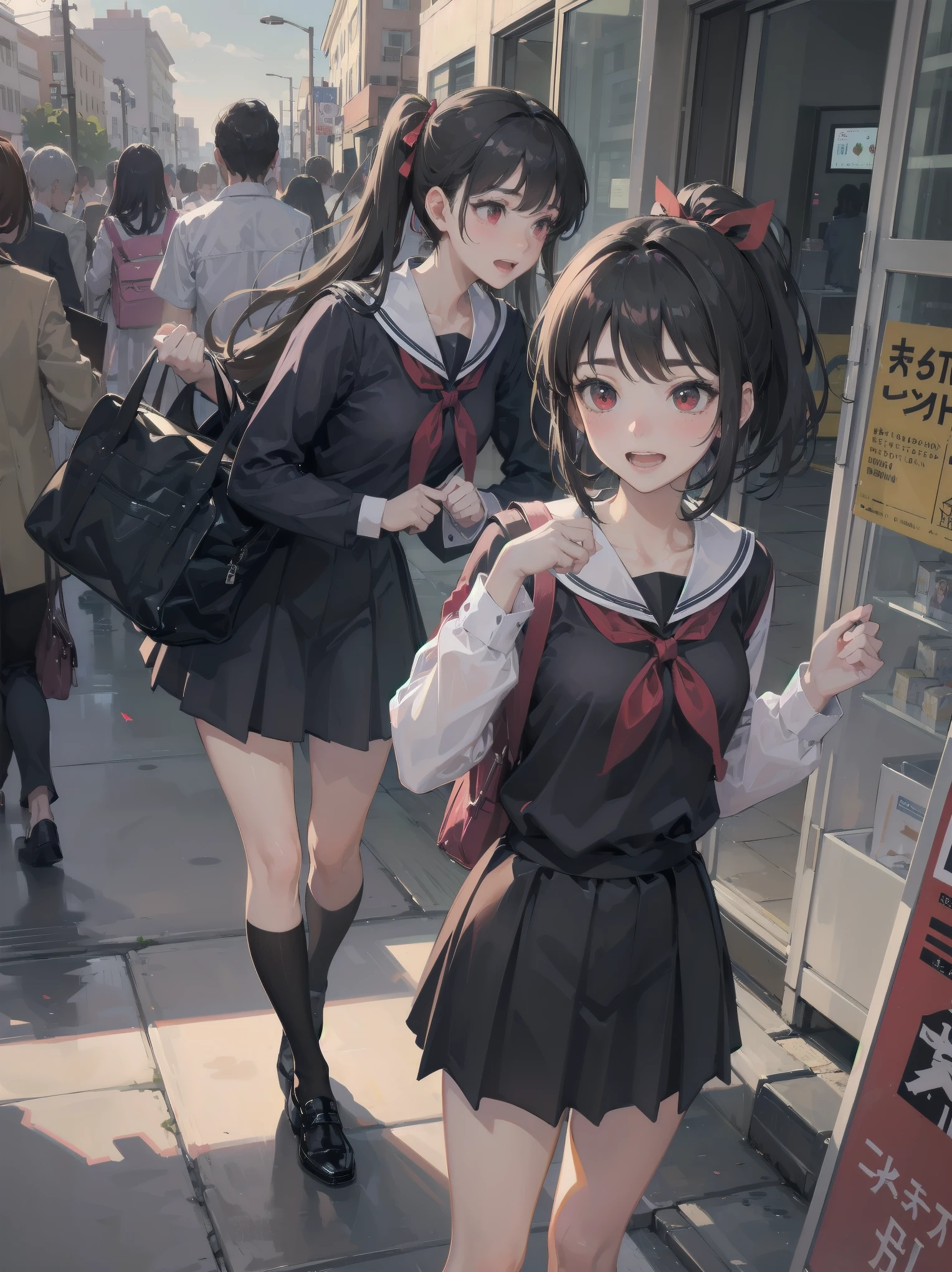 Masterpiece, top quality, ultra-detailed, 16K, one girl, spring, high school students, warm colours, school bags, accurate and highly detailed background, flock of schoolgirls in uniforms of various body shapes and hairstyles, cute. Blake. Red eyes, Black hair, Ribbons, Red ribbons, Hair ribbons, Pastiched bangs, Folded ponytail, Shuchiin Academy, Dress, Sideburns, Breasts, Black dress, Clavicle, Short hair, Long sleeves, Realistic and super detailed pussy jerking off, blushing and excited embarrassing pose.
