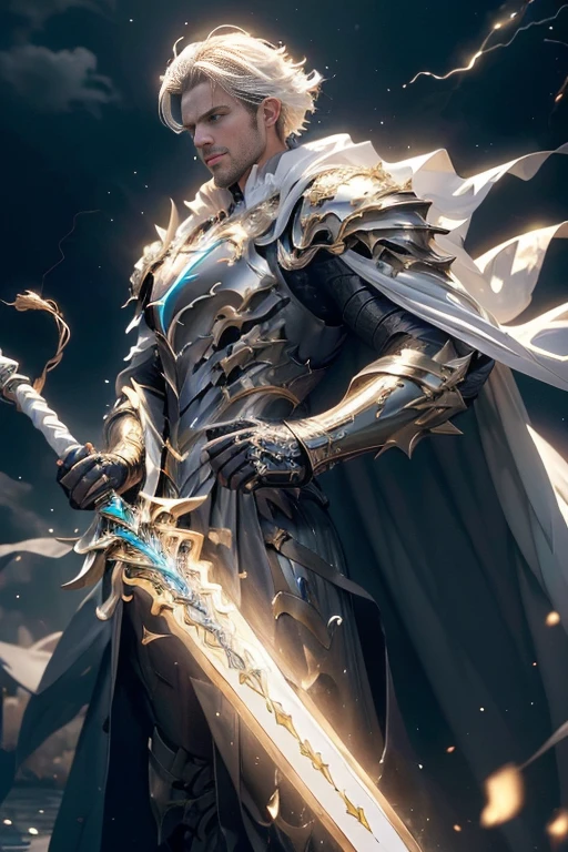 (master piece:1.5), (best quality:1.5), (exquisite lighting and shadow, highly dramatic picture, cinematic lens effect) (Photorealistic picture) highly detailed, realistic, cinematic lighting, studio quality, 8k, wallpaper, dynamic pose, anatomy correct, epic fantasy digital art, Epic composition, full body short black hair pale Male paladin wearing a white leather armor under a shiny white intricate elaborated plate chest armor with gold lightnings accents, long white cape with gold lightnings ornaments, holding a great white lightning sword, white lightning, white storm background, lightnings