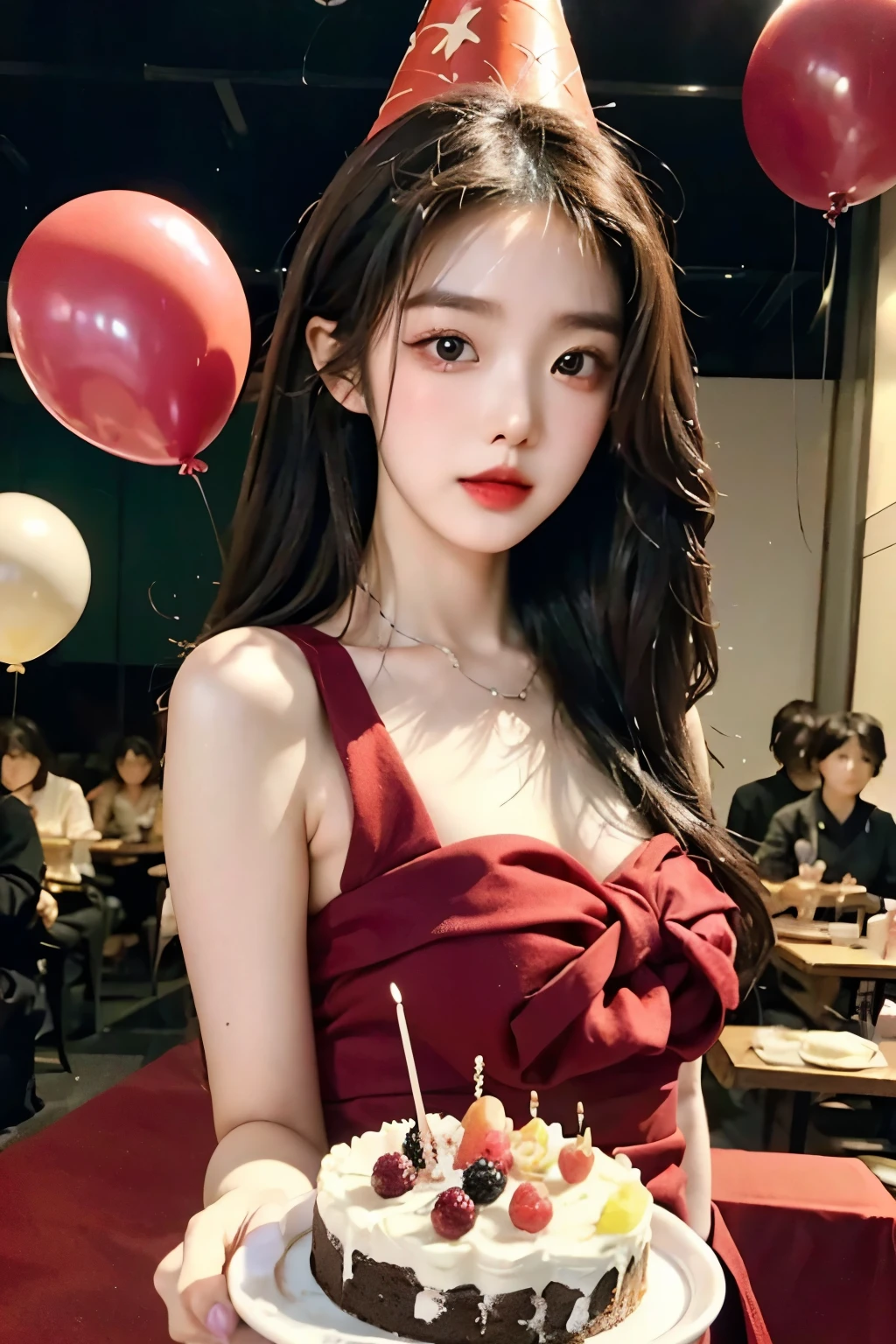 masterpiece、best quality、movie、(cute japanese girl、forehead:1.3)、23 years old、1 girl、elegant、black hair、(dinner:1.1)、Birthday Cake, party hat, number balloons, Colorful backgrounds,