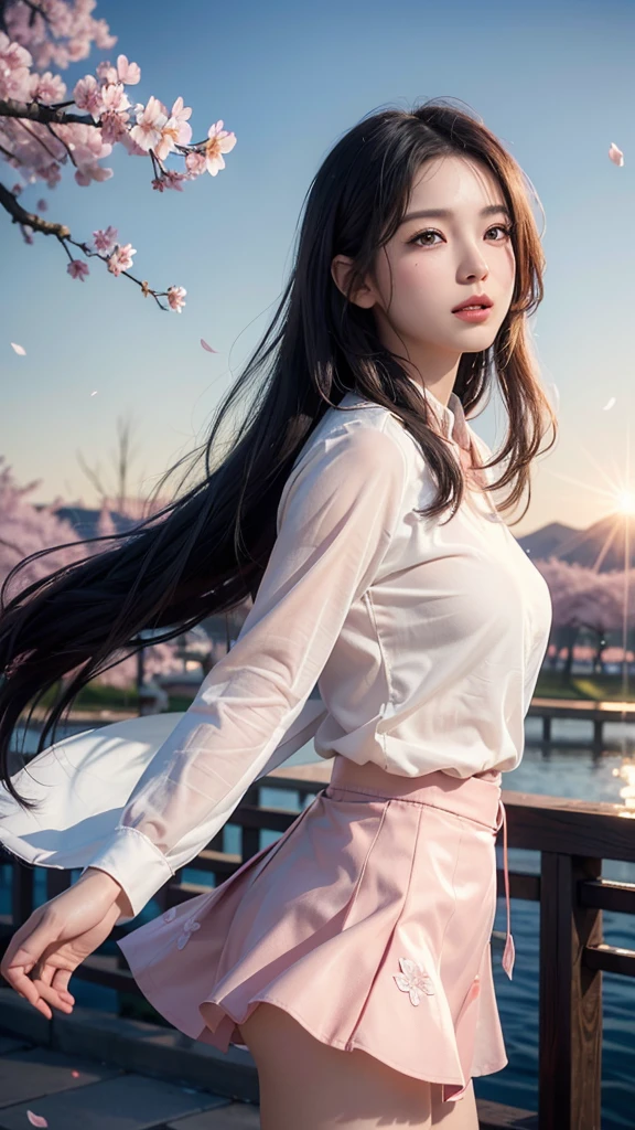(logo, masterpiece, 8k, On the table, original photo, Astonishing, top quality, Photorealistic and Very detailed CG Integrated 8k Wallpaper, high quality, Very detailed, Narrative Poems, Particle Effects, dynamic effect, Character Boundary Depth, (Movie Lighting, lens flare, Ray Tracing), fantasy, (Single beauty, skirt, piece, Black Hair, Pretty Face, serious, Beautiful eye details, beautiful skin, long hair fluttering in the wind, Long hair flying , long hair dancing in the wind), (Cherry blossoms, Cherry blossoms树, cherry blossom Flower petals flying, Sakura Blizzard, Falling Flowers), wind blowing hair, Flying hair, pink Cherry blossoms, Flower petals flying, Sakura Blizzard, wind景优美, sunrise , Background sun, wind, god, teeth, god圣的故事, Vast land