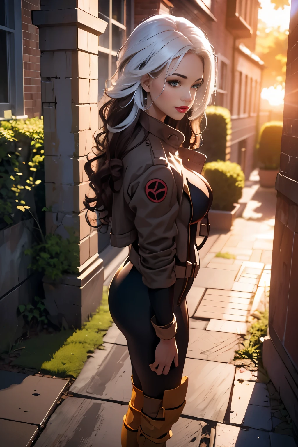 (masterpiece:1.0), (best_quality:1.2), (darkshot:1.1), 1 girl, Only, full body view, night time, facing the viewer, medium length hair, brown hair, wavy hair, messy hair, one lock of white hair, mischievous look, smirking, parted lips, curvy figure, medium to large breasts, lipstick, makeup, jacket, open jacket, character accurate bodysuit, Looking at the Viewer, sunlight, sunrays, light source from the side, (realism: 1.5), (Realistic: 1.4), (Absurdity:1.4), 8k, ultra-detailed, Detailed Beautiful Woman, (only:1.4), 1girl, midnight setting, background of garden, stone walls and pathways, wisteria trees, outside of mansion, official art, extremely detailed CG unity 8k wallpaper, perfect lighting, Colorful, ultra high res, photography, 8K, HDR, Kodak portra 400, film grain, blurry background, (bokeh:1.2), (vibrant_color:1.2), professional photograph