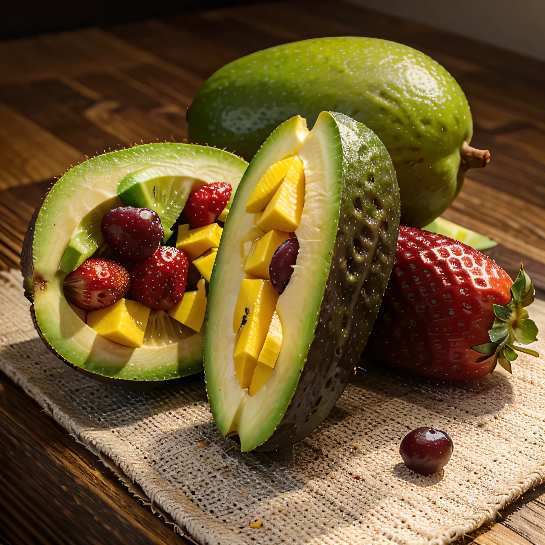 Hyper realistic fresh fruits, mango , strawberry, grapes , kiwi , avocado