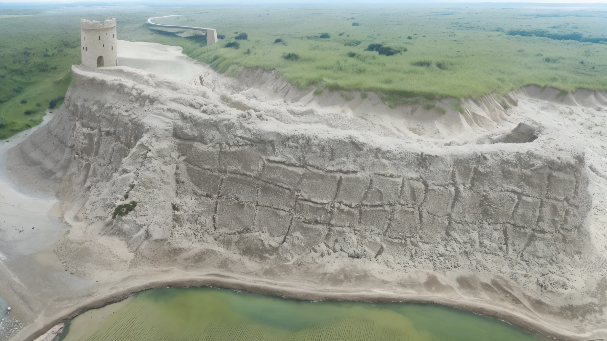 there is a large bridge made from sand with a sign on it, aerial view of an ancient land, sand piled in corners, photo taken in 2 0 2 0, a beautiful land art of a large, arial shot, erosion channels river, video still, shipibo, shell craters, mixed art, one million lave rivers, intimidating floating sand, realistic photography, drone view, detailed photo, 8k, real life texture