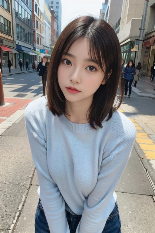 randome pose、top-quality、超A high resolution、(Photorealsitic:1.5)、1 girl、Dark blue sweater、(Brown hair:1.2)、(huge-breasted:1.2)、Morning in the city、looking at viewert、a closeup、full body Esbian、Nasty eyes