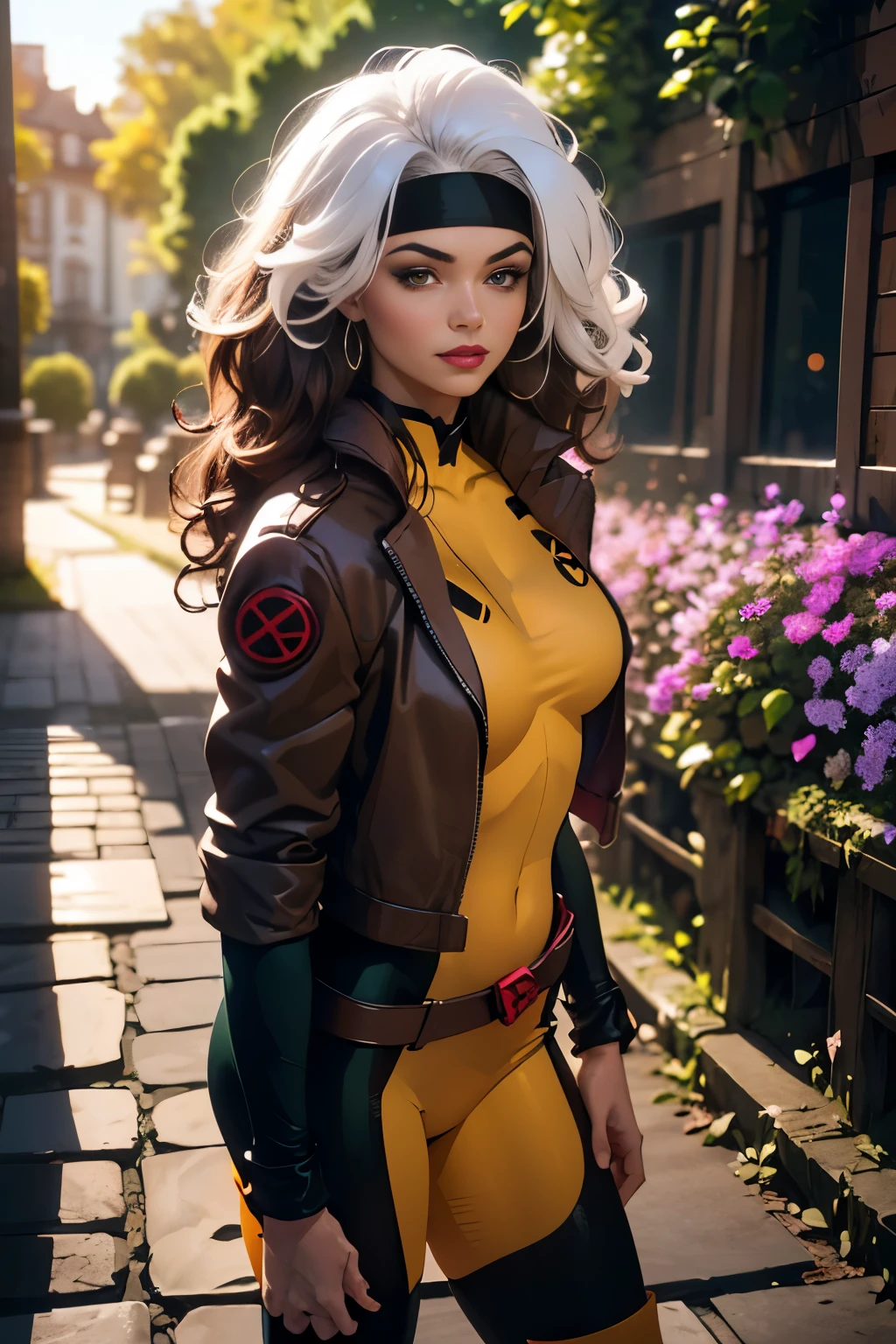 (masterpiece:1.0), (best_quality:1.2), (darkshot:1.1), 1 girl, Only, full body view, night time, facing the viewer, medium length hair, brown hair, wavy hair, messy hair, one lock of white hair, mischievous look, smirking, parted lips, curvy figure, medium to large breasts, lipstick, makeup, jacket, open jacket, character accurate bodysuit, Looking at the Viewer, sunlight, sunrays, light source from the side, (realism: 1.5), (Realistic: 1.4), (Absurdity:1.4), 8k, ultra-detailed, Detailed Beautiful Woman, (only:1.4), 1girl, midnight setting, background of garden, stone walls and pathways, wisteria trees, outside of mansion, official art, extremely detailed CG unity 8k wallpaper, perfect lighting, Colorful, ultra high res, photography, 8K, HDR, Kodak portra 400, film grain, blurry background, (bokeh:1.2), (vibrant_color:1.2), professional photograph