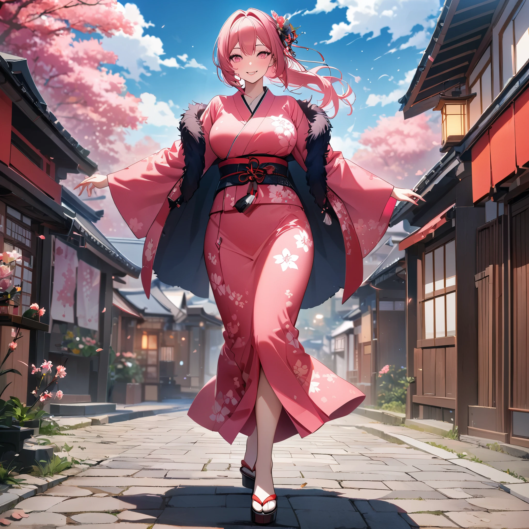 a woman wearing pink yukata with black details, flowers drawn on the yukata, black fur cape, long hot pink hair, pink eyes, large breasts, traditional Japanese footwear, walking on a traditional Japanese sidewalk, sakura trees with sakura leaves falling in place. Japanese houses background, blue sky, clouds, full body, smiling, bokeh effect,, 8k, super detail, ccurate, best quality, highres, award winning, textured skin, anatomically correct, ccurate, retina, UHD( solo woman)
