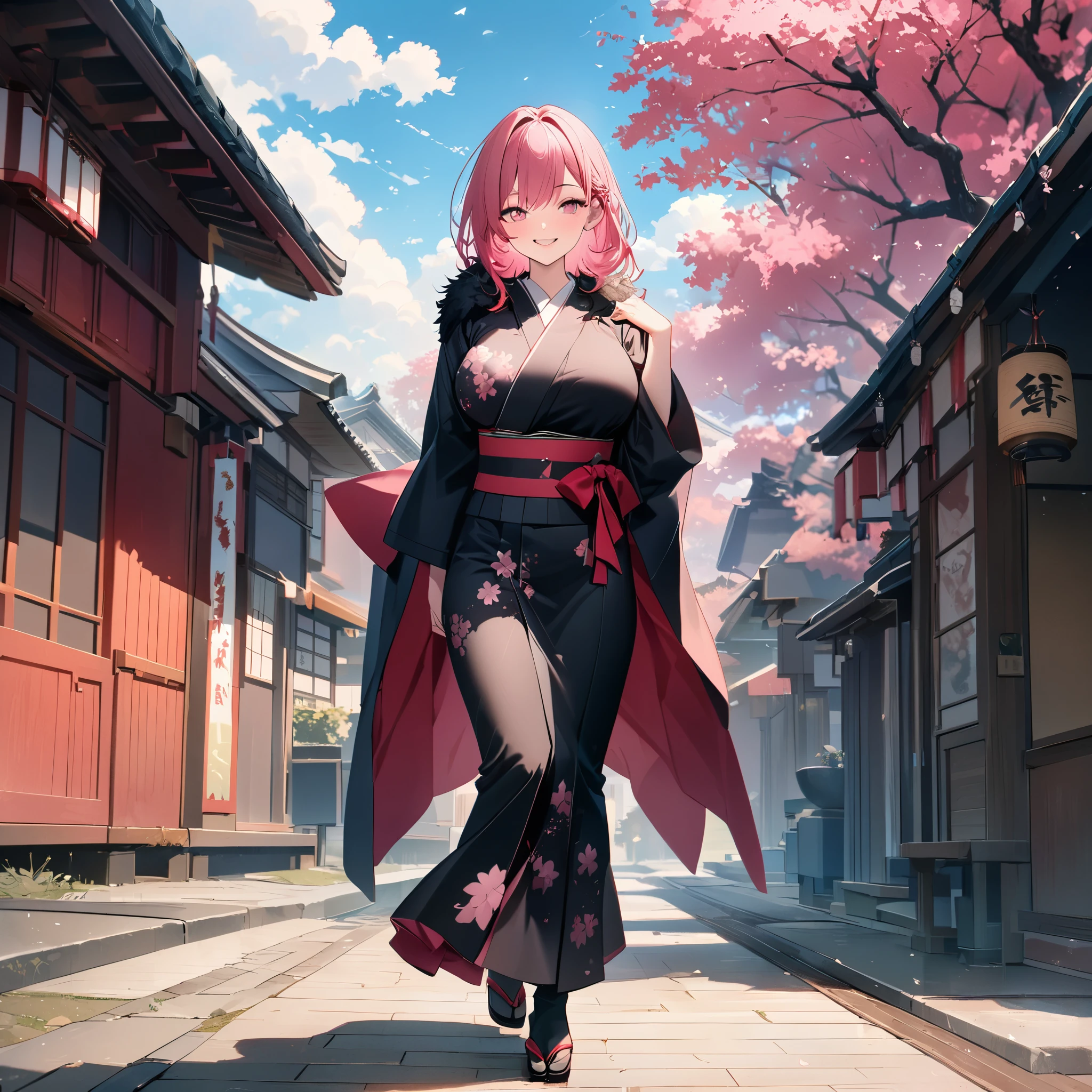 a woman wearing pink yukata with black details, flowers drawn on the yukata, black fur cape, long hot pink hair, pink eyes, large breasts, traditional Japanese footwear, walking on a traditional Japanese sidewalk, sakura trees with sakura leaves falling in place. Japanese houses background, blue sky, clouds, full body, smiling, bokeh effect,, 8k, super detail, ccurate, best quality, highres, award winning, textured skin, anatomically correct, ccurate, retina, UHD( solo woman)
