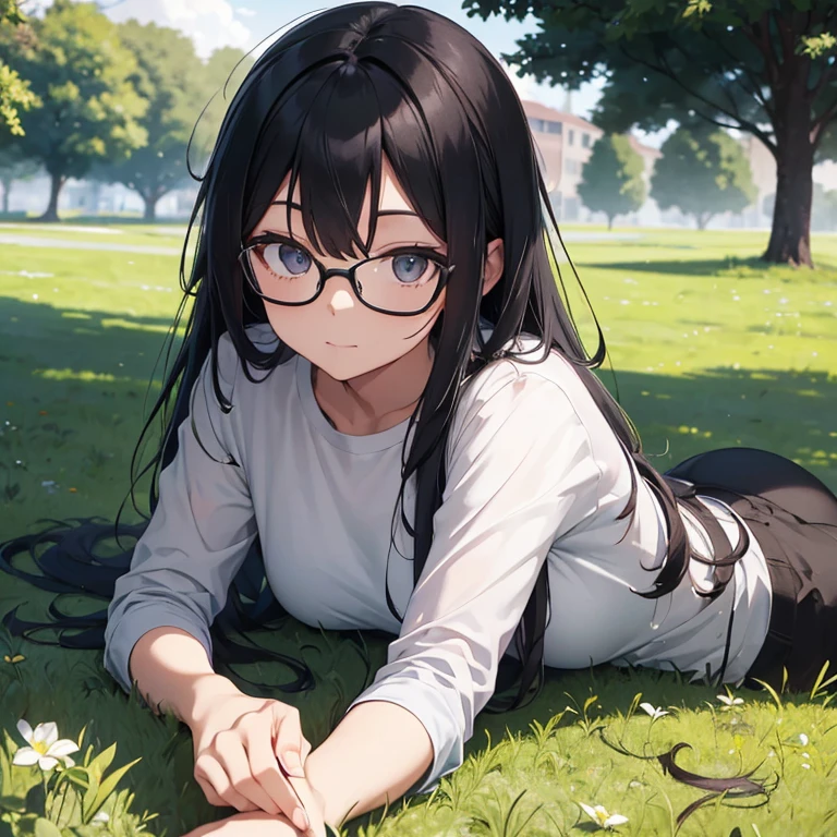 (best quality, highres), black long detailed hair, glasses, black detailed eyes, grey shirt, shirt with white heart in the middle, lying down, field, green grass, tree