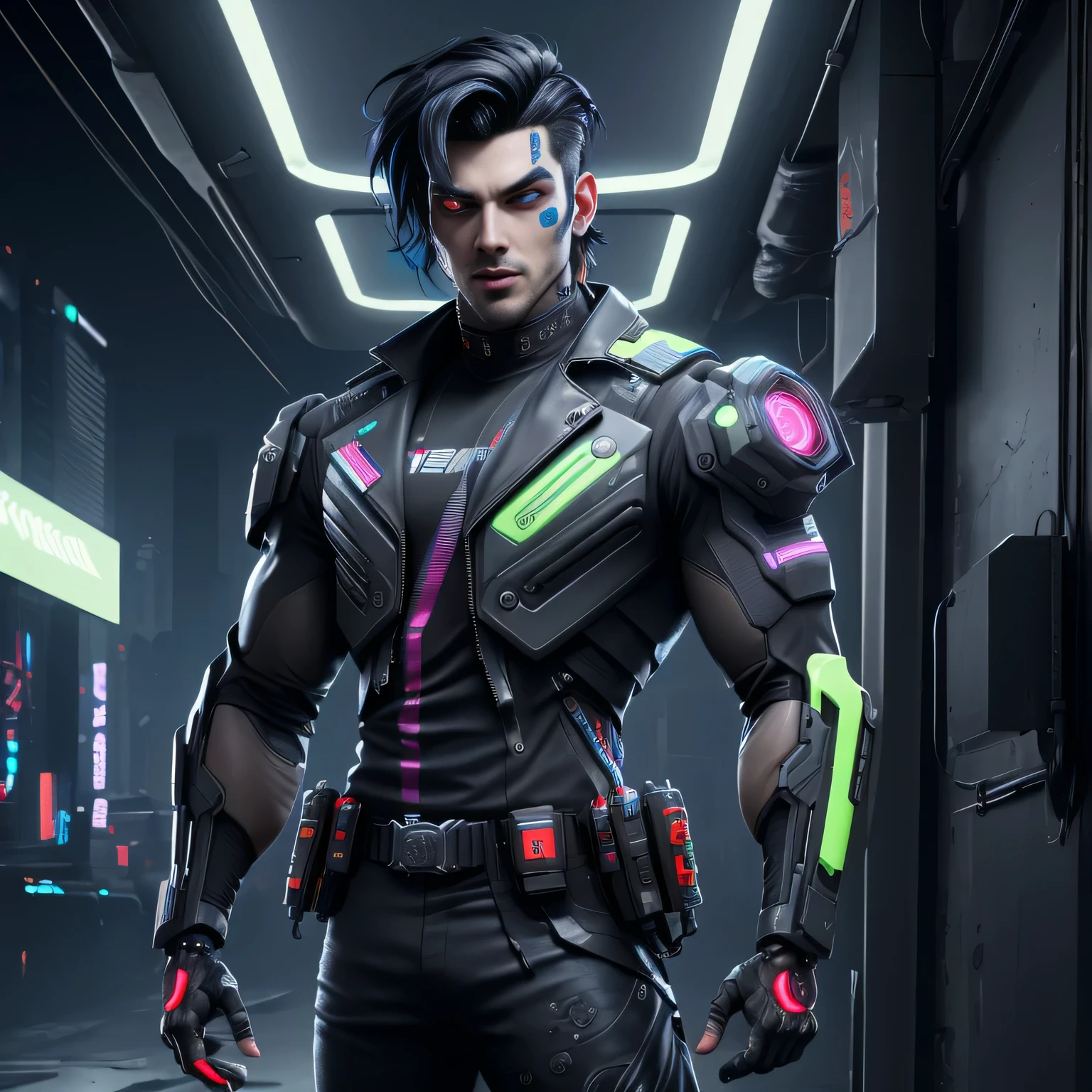 (best quality,4k,8k,highres,masterpiece:1.2), cyberpunk, handsome man, Cyborg, neon, cyberpunk black hair, bright eyes, futuristic makeup, high-tech clothing, holographic tattoos, cowboy shot